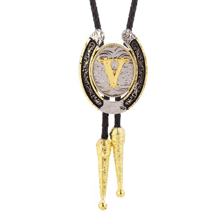 Moderne Western-Hufeisen Anfänglicher Buchstabe A bis Z Bolo Tie - Gold - V - image 25