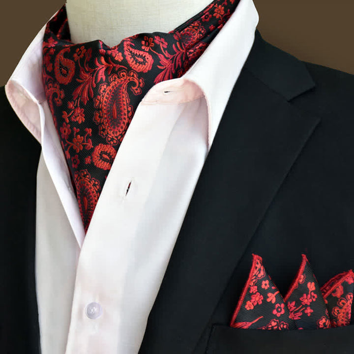 2 Stück luxuriöses rot-schwarzes Blumen-Paisley-Einstecktuch und Krawattenset