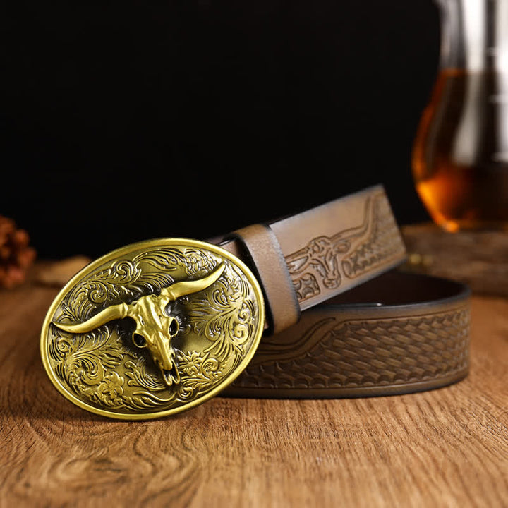 Vintage Herren Gürtel aus Leder mit floraler Longhorn-Stier-Prägung