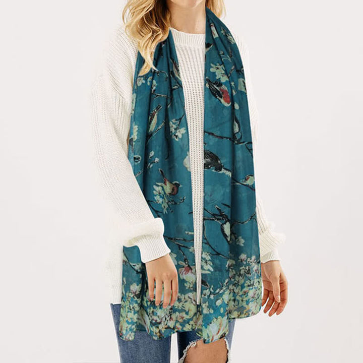 Leichter Schal mit blühenden Blumen und Vögeln für Frauen
