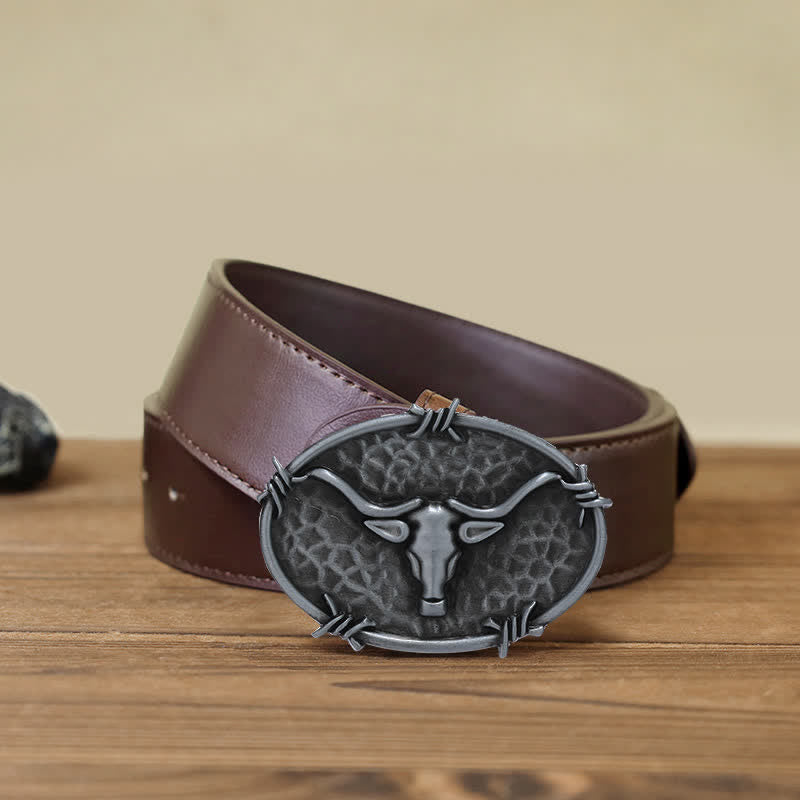 Herren DIY Cowboy Bullenkopf gehämmerte Schnalle Ledergürtel