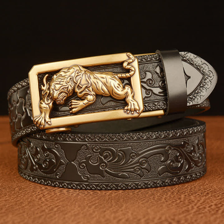 Herren Gürtel mit Tiger-Schließe und Blumenmuster
