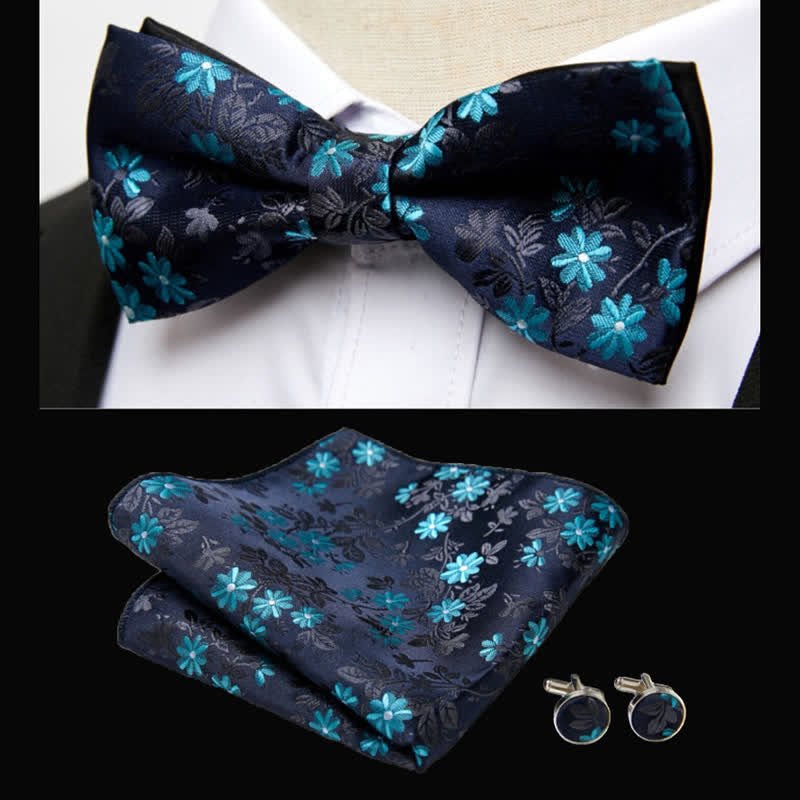 3-tlg. Set türkis-schwarze florale Fliege und Einstecktuch für Herren - Türkis & Schwarz - image 0