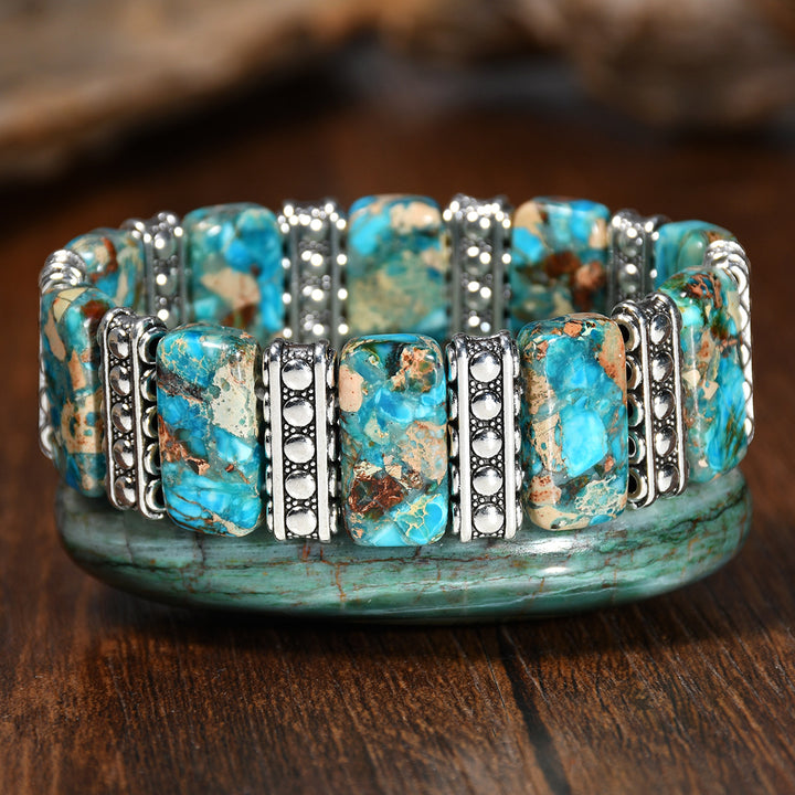 Vintage Boho Rechteckiges Kaiserstein-Armband in Silberoptik mit Stretch-Einsatz - Blau - image 4