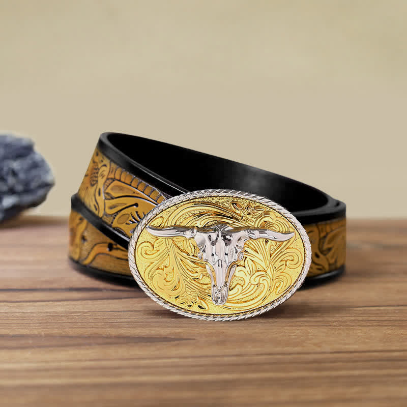 DIY glänzender goldener Stierkopfschnallen-Ledergürtel für Herren