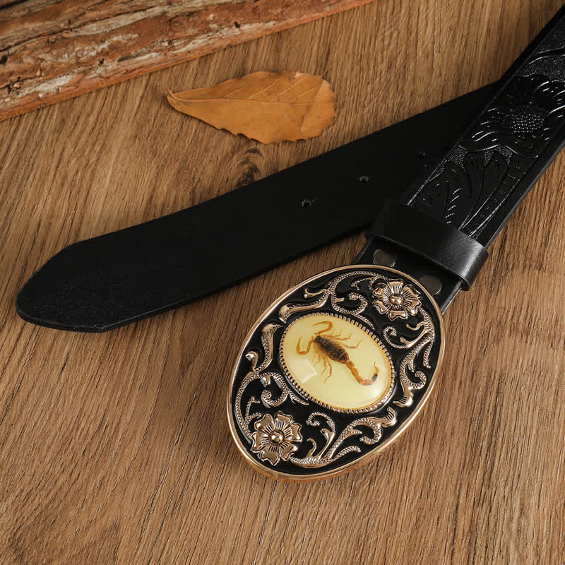Herren Ledergürtel mit Skorpion- und Blumen-Schnalle