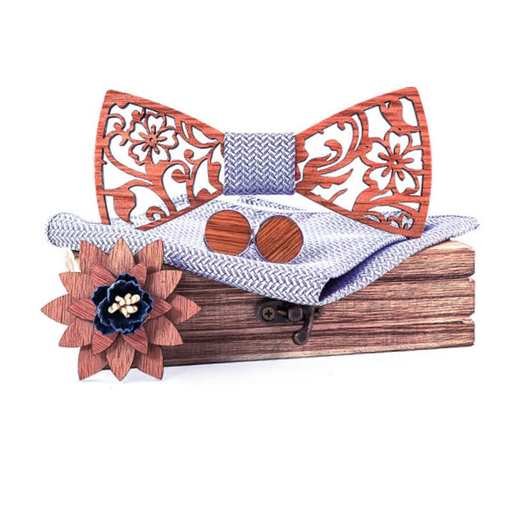 4-teiliges Herren-Set mit hohlen, floralen Holzfliegen