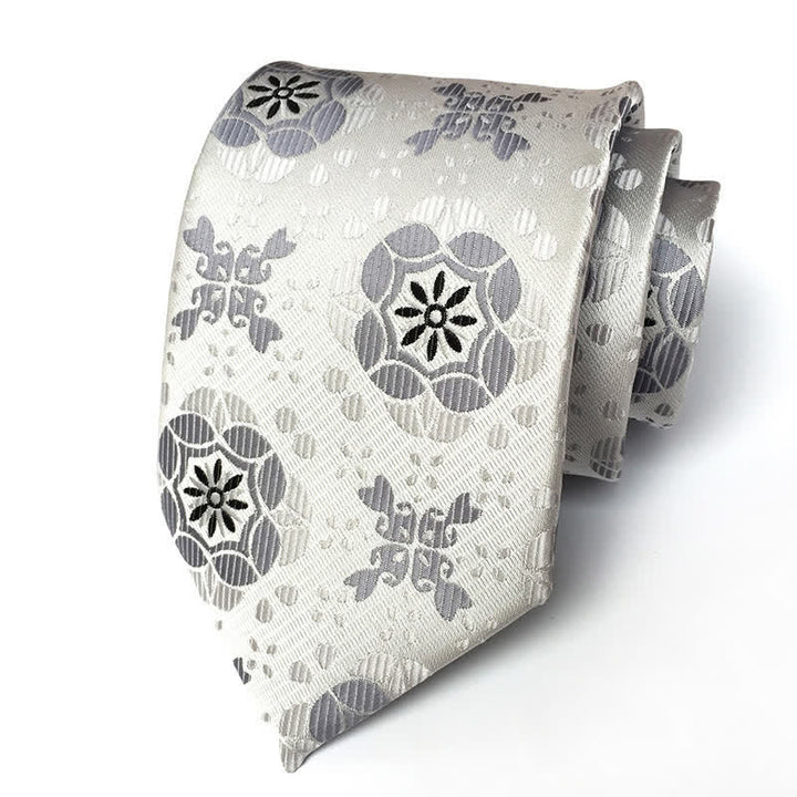 Königliche geometrische Medaillon-Blumen-Krawatte für Männer - Silber & Weiß - image 6
