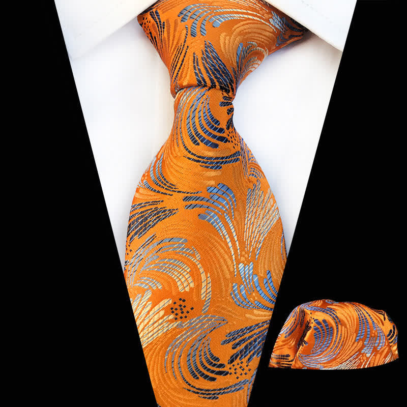 2Stk. Herren Krawatten-Set mit Blumenmuster und spritzenden Wellen - Orange & Gelb - image 1