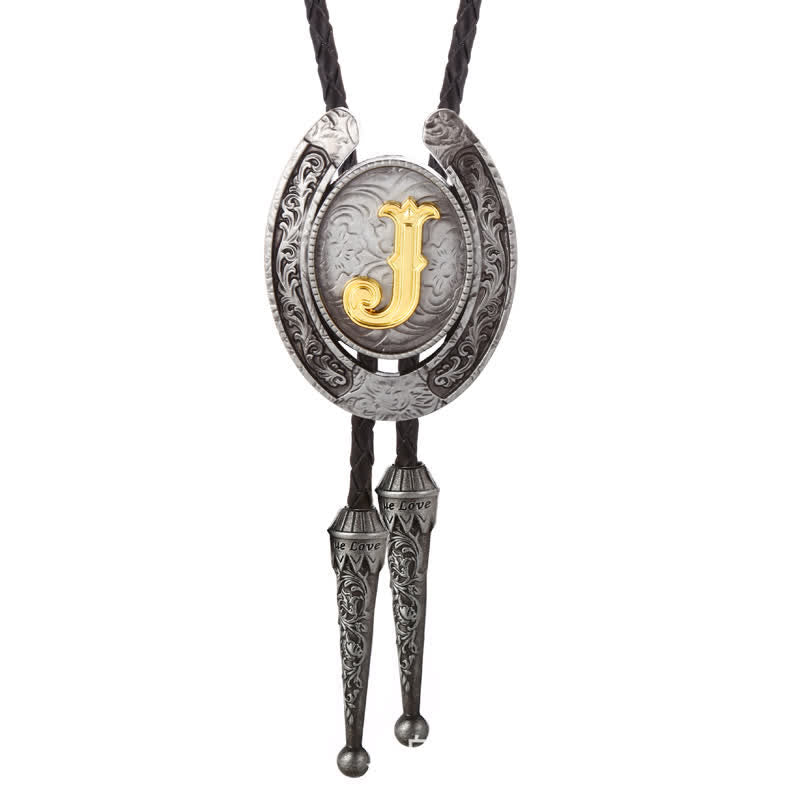 Moderne Western-Hufeisen Anfänglicher Buchstabe A bis Z Bolo Tie - Silber - J - image 39