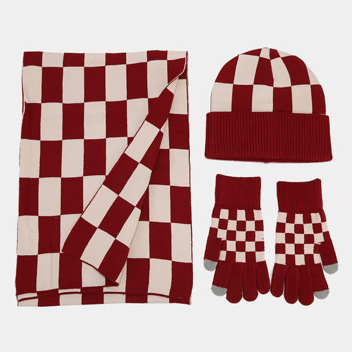 3-teiliges Unisex-Schachbrettmuster Mützen-Schal-Handschuh-Set