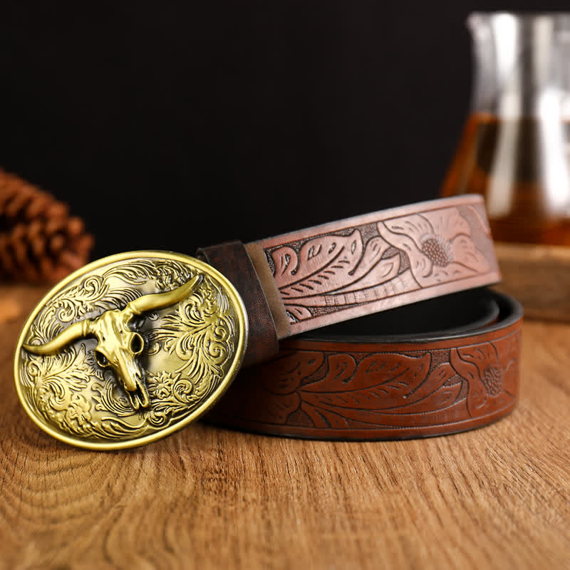 Vintage Herren Gürtel aus Leder mit floraler Longhorn-Stier-Prägung