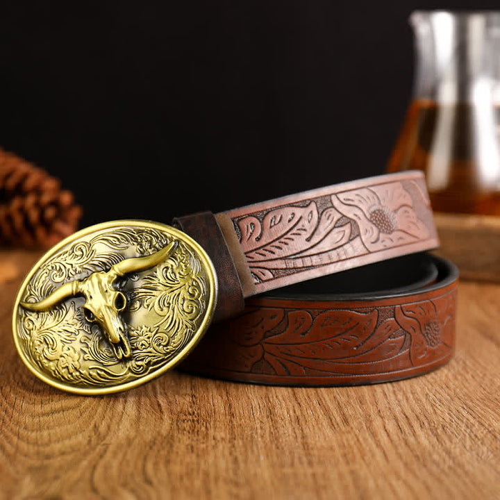 Vintage Herren Gürtel aus Leder mit floraler Longhorn-Stier-Prägung