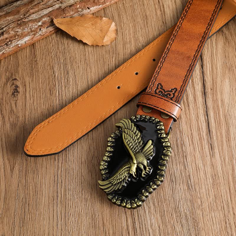 Ledergürtel mit Antik-Gold-Adler-Motiv für Herren