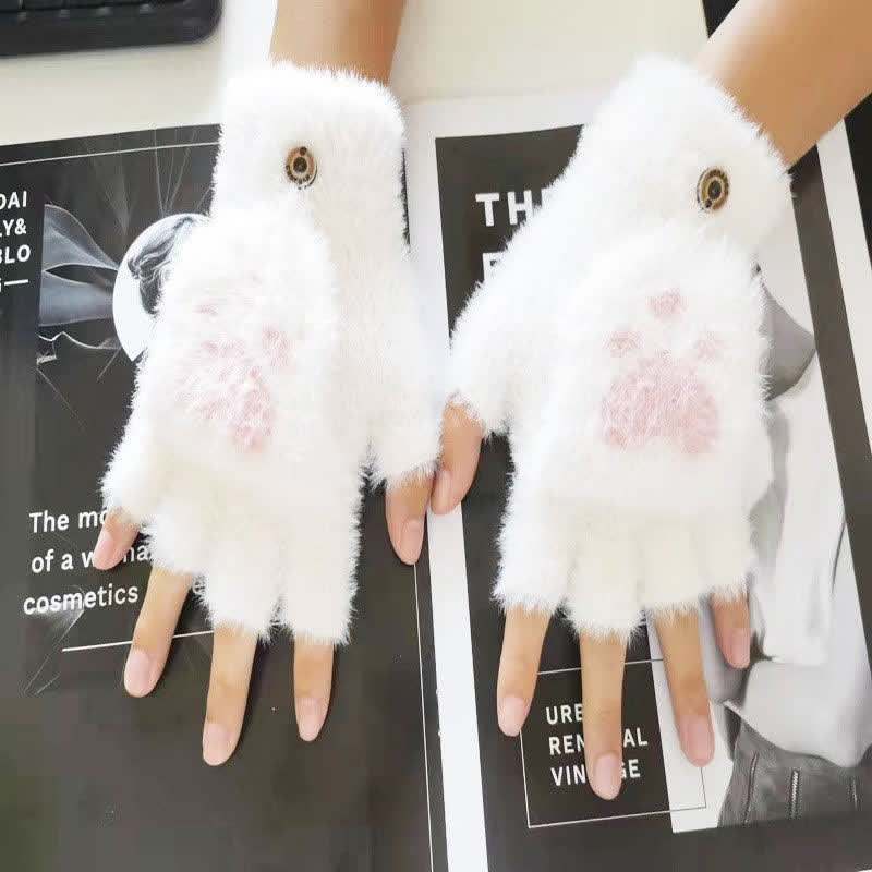 Warme flauschige Fausthandschuhe für Frauen mit Katzenpfotenmuster