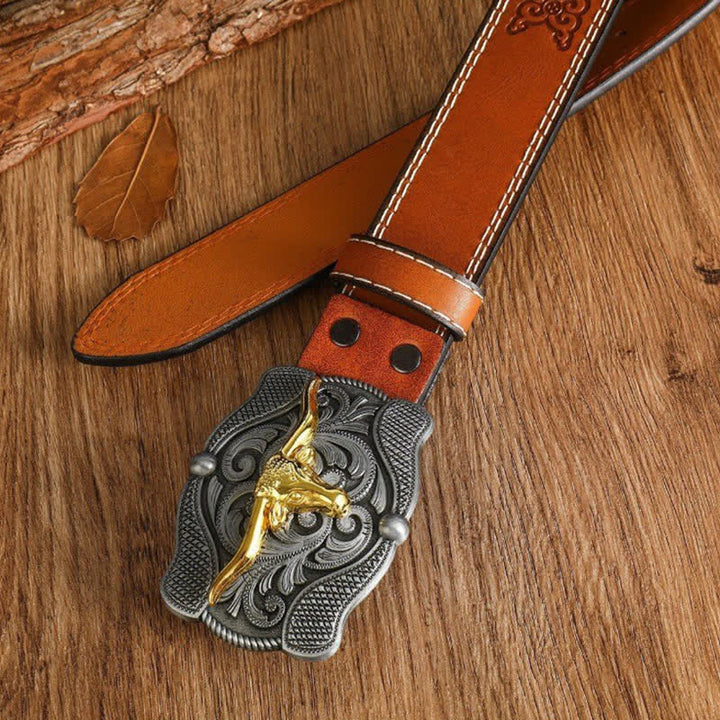 Herren quadratischer Gürtel aus goldenem Longhorn-Bullenleder