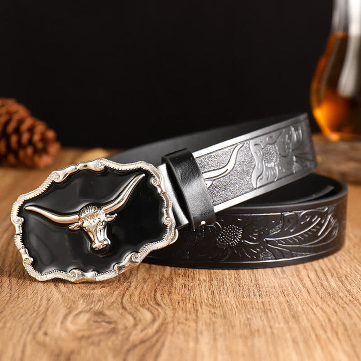 Schwarzer Western-Gürtel für Herren mit Longhorn Bullenkopf aus Leder