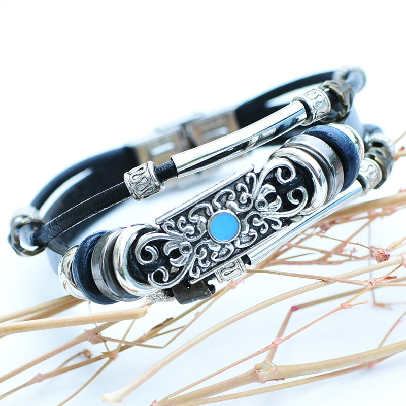 Vintage-Armband für Herren aus Leder im Westernstil mit blauem Stein und Filigranmuster - Schwarz - image 7