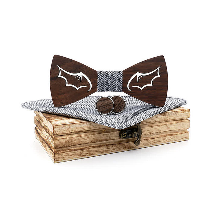 3-teiliges Set, Herren Fliegen aus Holz mit Dämonenflügeln