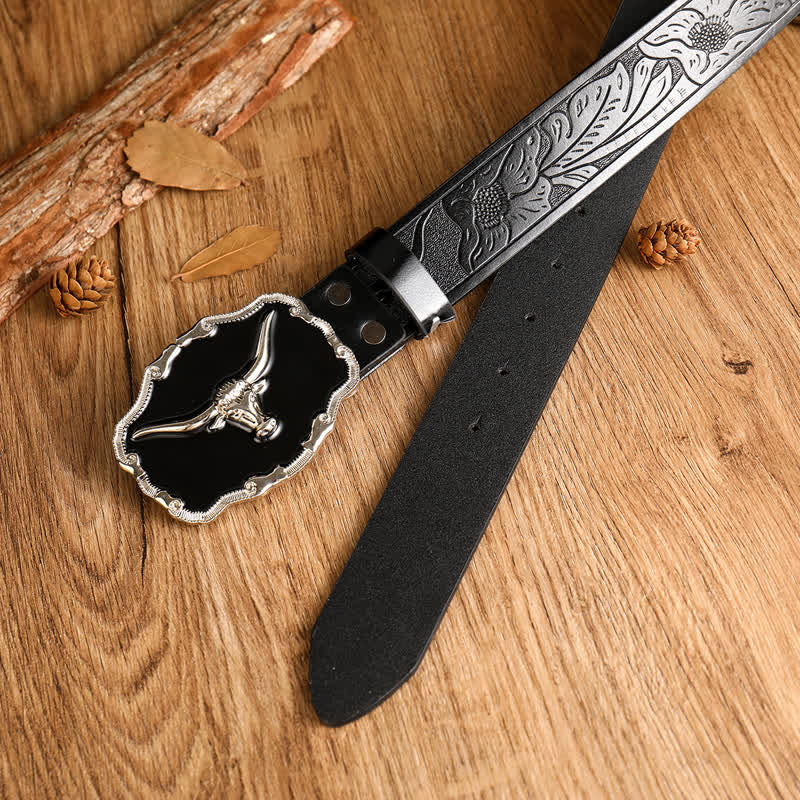 Schwarzer Western-Gürtel für Herren mit Longhorn Bullenkopf aus Leder