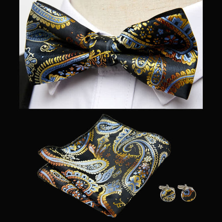 Luxuriöses 3-teiliges Paisley-Fliege-und-Einstecktuch-Set für Männer - Schwarz & Gelb - image 2