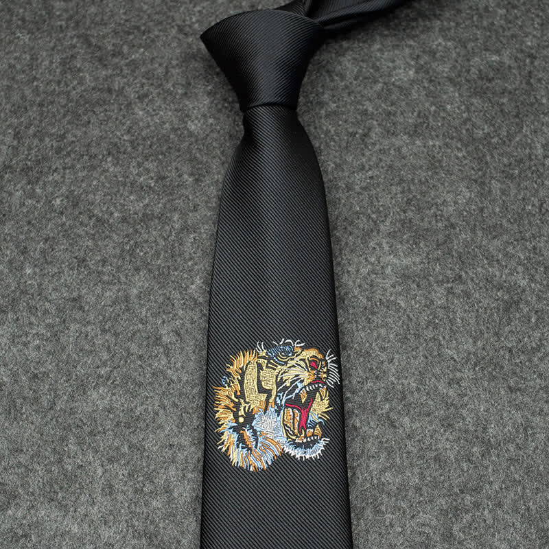 Schwarze Herren Krawatte mit gesticktem Tiger