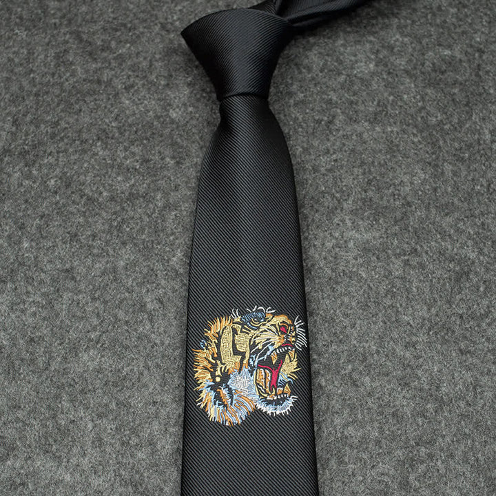 Schwarze Herren Krawatte mit gesticktem Tiger