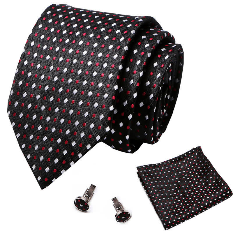 3tlg. Set mit schwarzen Krawatten für Herren mit roten Punkten und weißen Quadraten 
