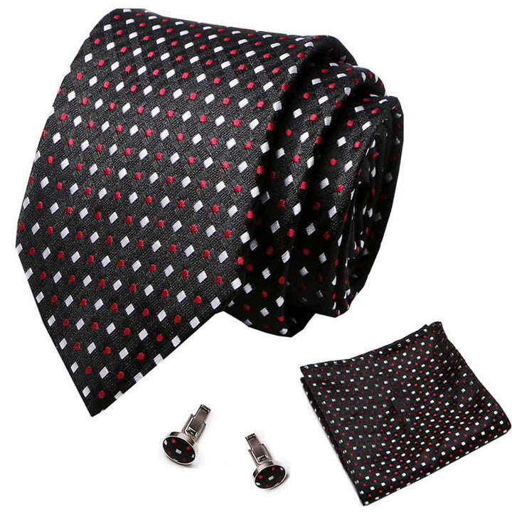 3tlg. Set mit schwarzen Krawatten für Herren mit roten Punkten und weißen Quadraten 
