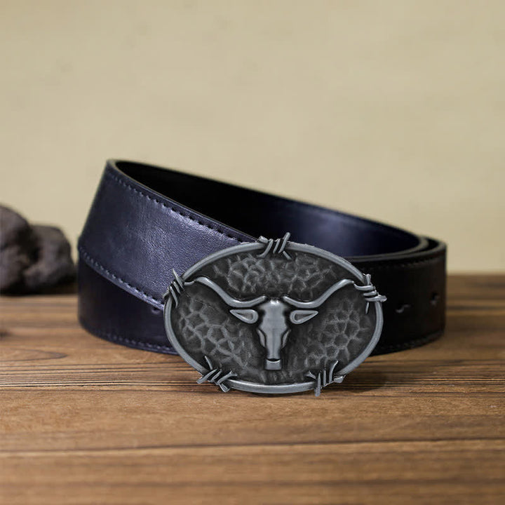 Herren DIY Cowboy Bullenkopf gehämmerte Schnalle Ledergürtel