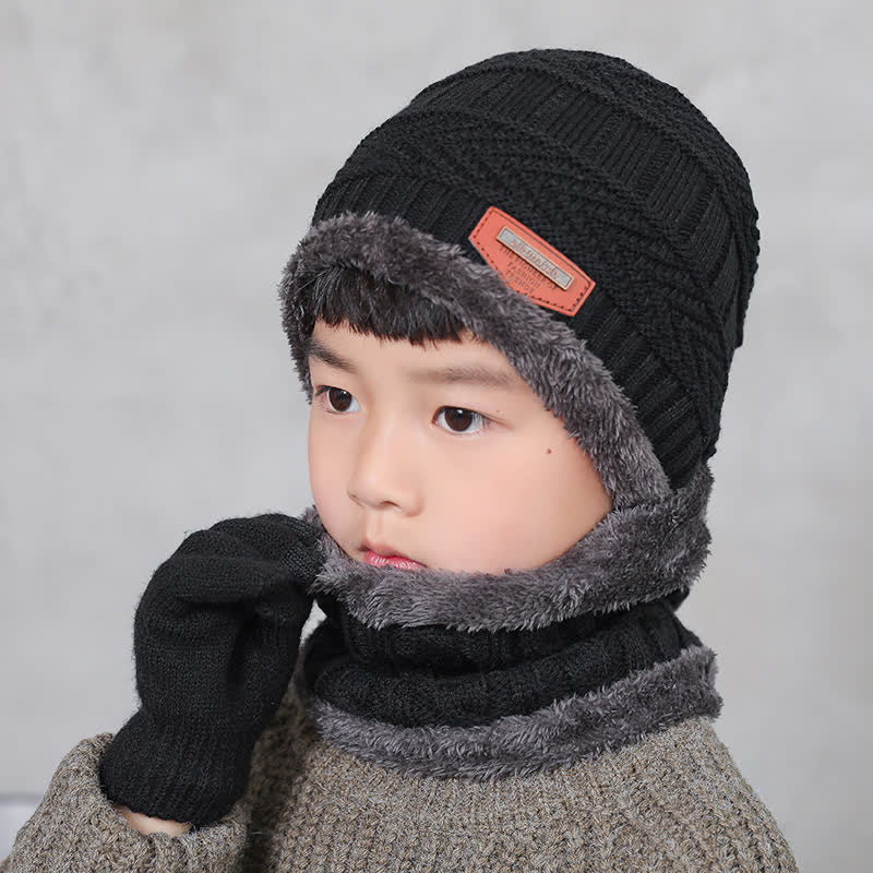 3-teiliges Set Erwachsene-Kinder Beanies gestrickte Mütze Schal Handschuhe