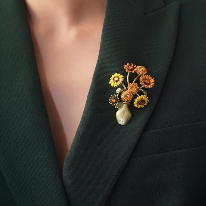 Frauen Emaille Sonnenblumen Vase Brosche