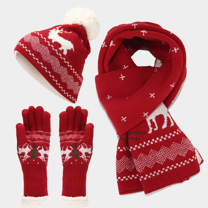 3-teiliger Set aus Mütze, Schal und Handschuhen mit Rentier- und Baum-Jacquardmuster für Damen