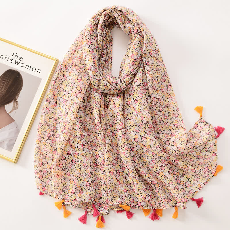 Dünner, hübscher Schal mit Schmetterlings- und Blumenmuster und Quasten für Frauen