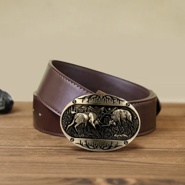 Herren DIY Wild Fighting Deer Schnalle Western Leder Gürtel