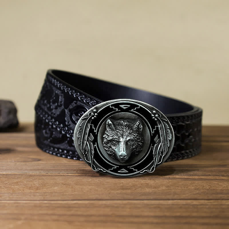 Herren DIY Lebendige Wolfskopf-Schnalle Ledergürtel