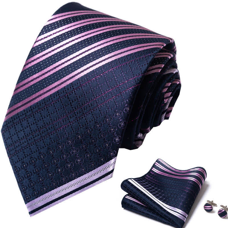 3-teiliges Set für Herren - Edle Krawatte in Navy & Violett mit Streifen