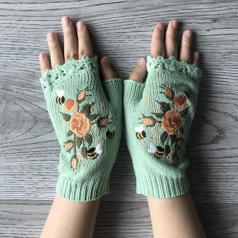 Damen Halbfinger-Strickhandschuhe mit Blumenstickerei