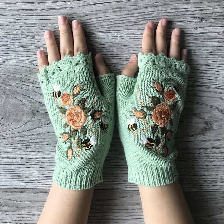 Damen Halbfinger-Strickhandschuhe mit Blumenstickerei