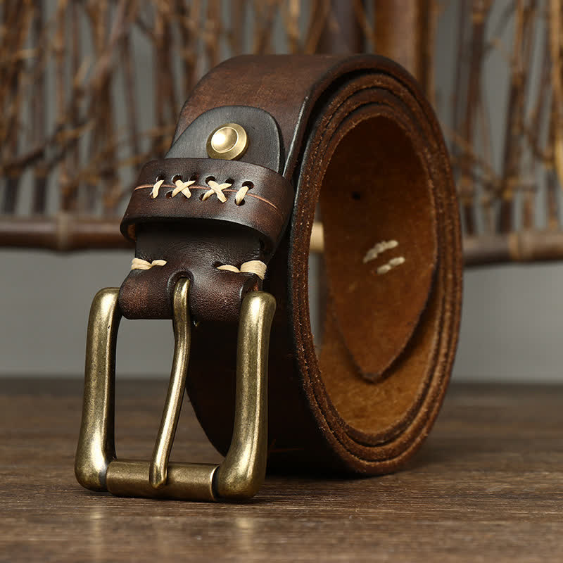 Herren Vintage Gürtel aus Leder mit ausgefallener Schnitzerei - Kaffee - 46 - image 0
