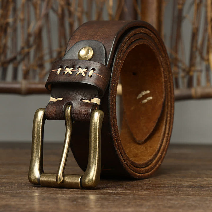 Herren Vintage Gürtel aus Leder mit ausgefallener Schnitzerei - Kaffee - 46 - image 0