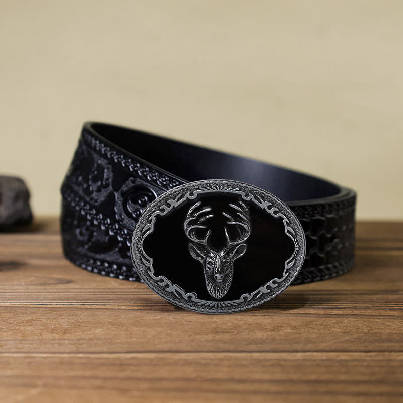 Herren DIY Leder-Gürtel mit schwarzer Hirschkopfschnalle