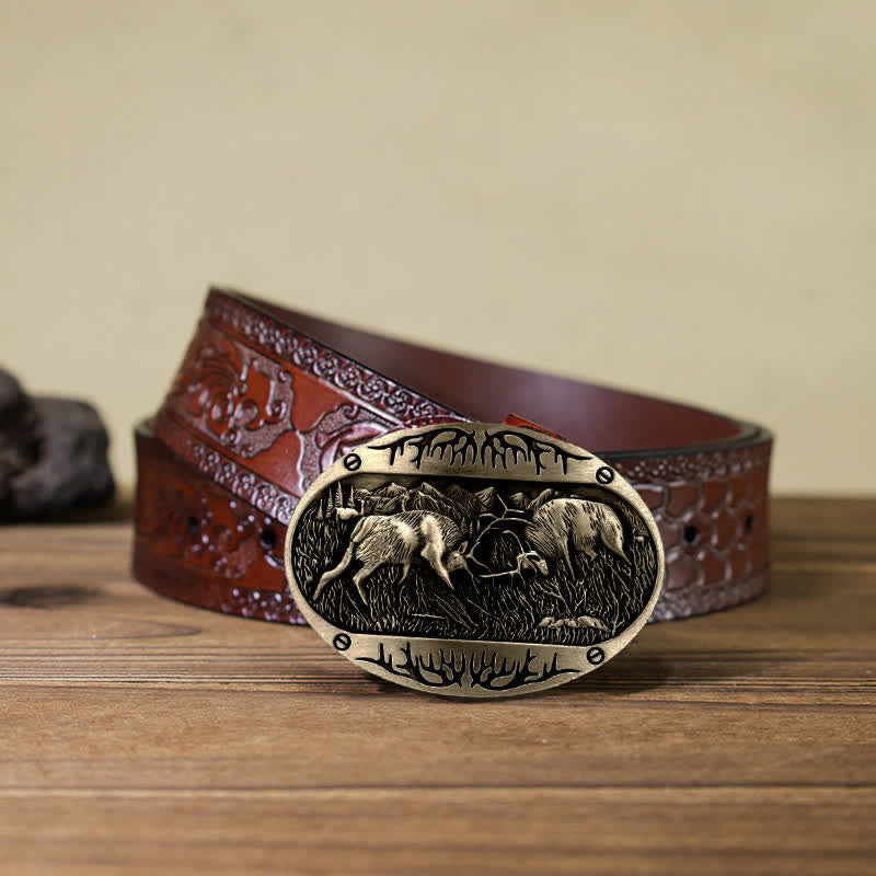 Herren DIY Wild Fighting Deer Schnalle Western Leder Gürtel