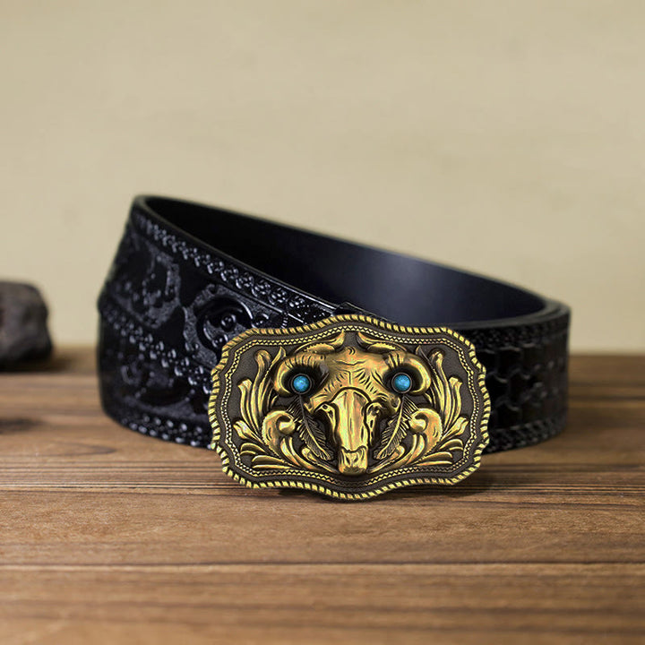 Men's DIY Goat Skull Turquoise Buckle Leder Gürtel