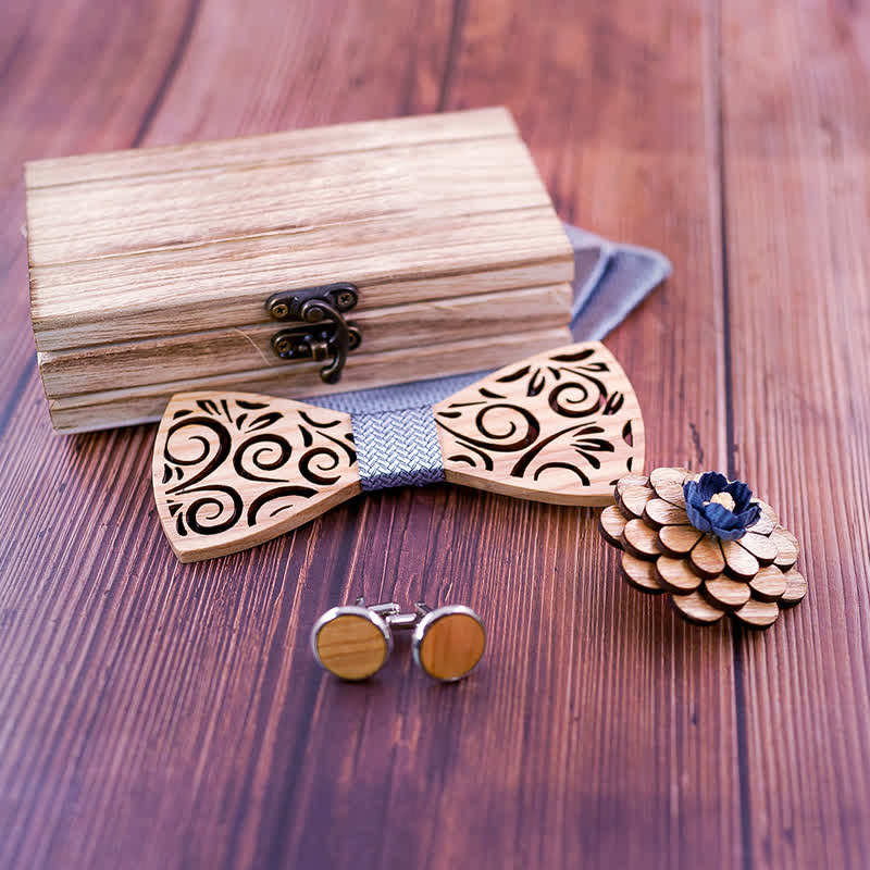 4er Set Herren Holzkrawatte im hohlen Blattdesign
