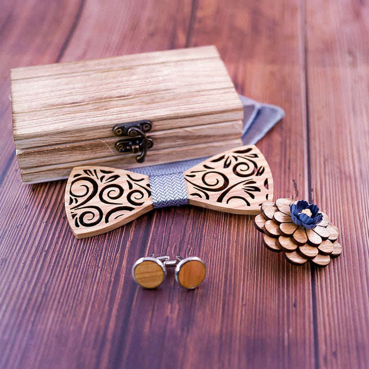 4er Set Herren Holzkrawatte im hohlen Blattdesign