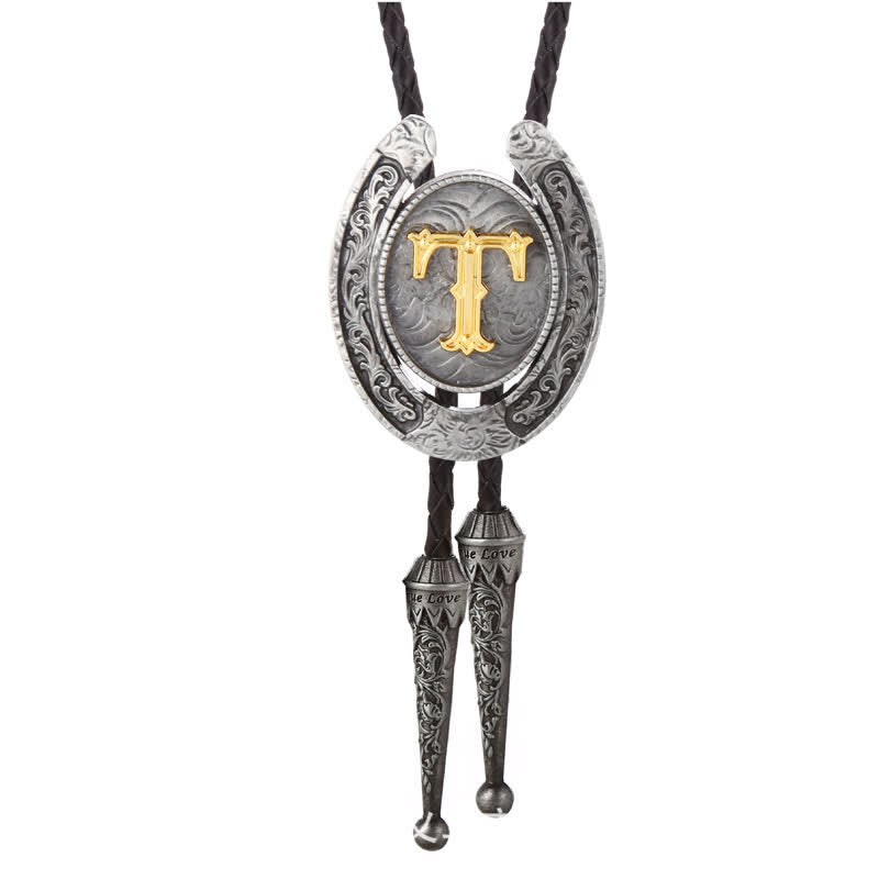 Moderne Western-Hufeisen Anfänglicher Buchstabe A bis Z Bolo Tie - Silber - T - image 49