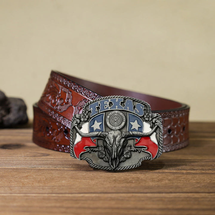 Herren DIY Texas-Flagge Langhorn-Stier Schnallenledergürtel