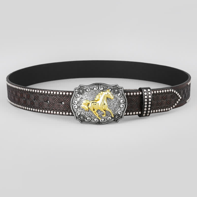 Herrenledergürtel mit goldener galoppierender Pferdeniete