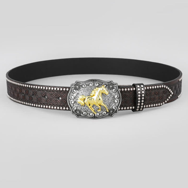 Herrenledergürtel mit goldener galoppierender Pferdeniete